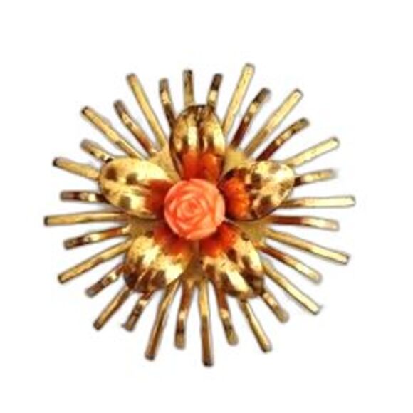 1960s Vintage Starburst or Sunburst Brooch with Pink Rose - Picture 1 of 3